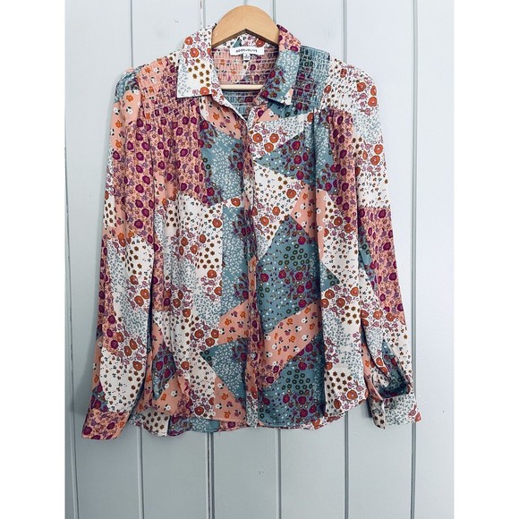 Rose & Olive Top M Medium Patchwork Button Front Chiffon Smocked Back Pink - Picture 1 of 7